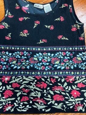 White Stag Black Floral Tank Top with Pink and Blue Embroidery